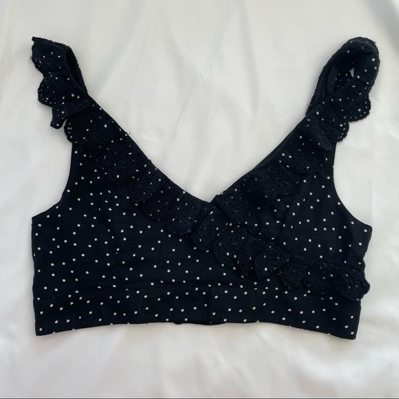 American Eagle Outfitters Tops - American Eagle L Crop Top Black White Polka Dot Eyelet Scalloped Ruffle V-Neck